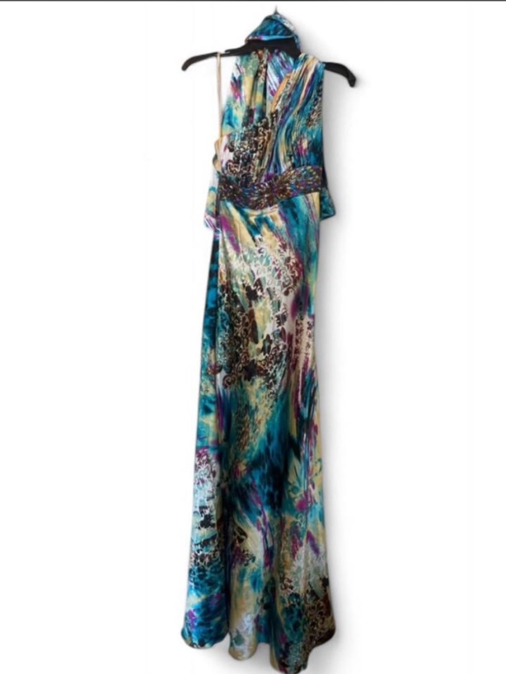 Y2K XOXO One-Shoulder Teal/Multi Beaded-Waist Evening Gown - Picture 2 of 3
